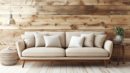 Modern Living Room with Beige Sofa and Wooden Furniture