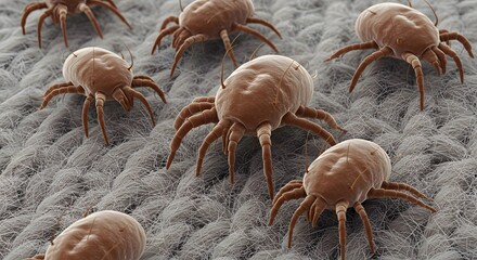 AI image reveals a colony of multiple, brownish dust mites crawling across textured fabric fibers, viewed under extreme microscopic magnification.