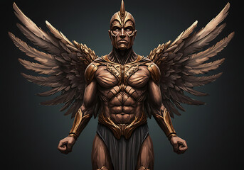 Fototapeta premium Digital art of a muscular warrior with golden wings, armor, and a determined expression, standing against a dark background.