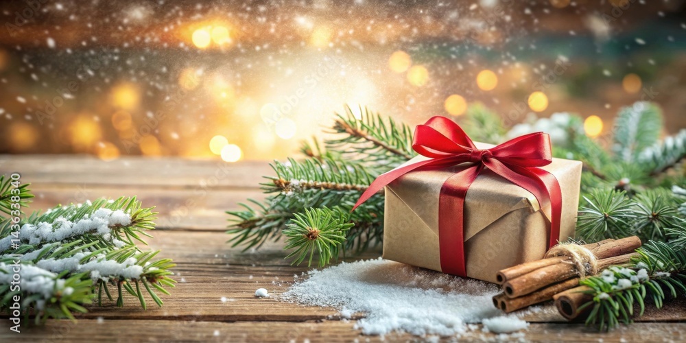 Aufkleber A Rustic Winter Scene Featuring a Gift Wrapped in Kraft Paper with a Crimson Bow, Adorned with Snowy Evergreen Branches and Aromatic Cinnamon Sticks on a Wooden Surface with a Soft Bokeh Background