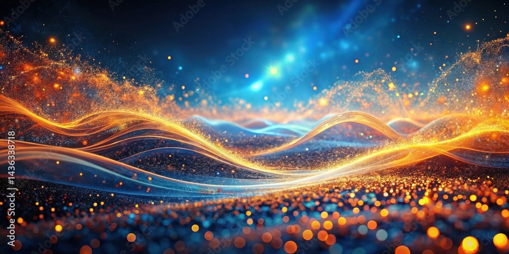 Poster abstract glowing waves of energy and light, a sparkling celestial landscape of shimmering particles