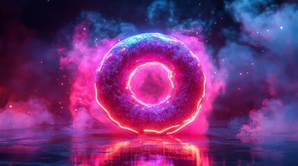 Fototapeta premium Glowing Neon Donut in Pink and Blue Smoke