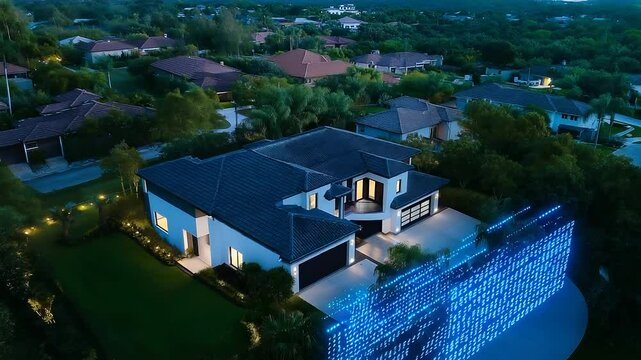 A contemporary home in a lush neighborhood, safeguarded by a holographic chain with blockchain hash codes floating around it.