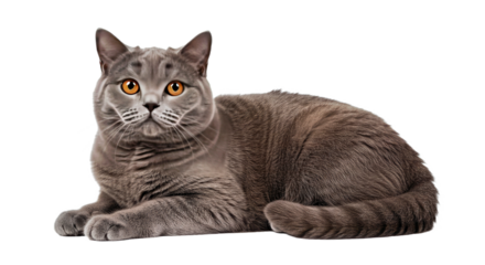 Relaxed British Shorthair cat lying down, featuring its thick soft coat and a calm, placid expression. Full body portrait isolated on white.