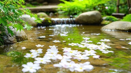 Tranquil Japanese garden stream with floating blossoms.
