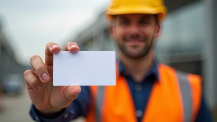 A construction worker wearing a safety vest and helmet holds a blank card, close-up focus, blurred urban background, concept of identity or access