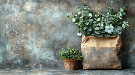 Plants in bag, textured background. Still life