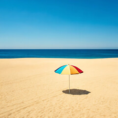 Minimalist beach scene with a single colorful beach umbrella planted in golden sand, endless blue ocean and sky in the background, bright and vibrant photo realism.