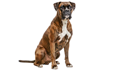 Strong Boxer dog sits showing its muscular body and an alert, attentive expression. Powerful working breed isolated on a white background.