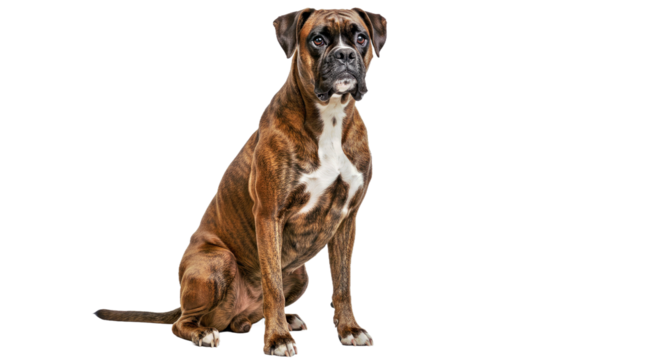 Strong Boxer dog sits showing its muscular body and an alert, attentive expression. Powerful working breed isolated on a white background.