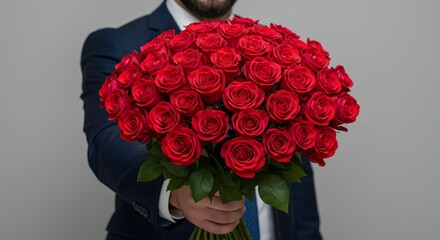 AI image shows a man in a formal suit holding out a large, lush bouquet of vibrant red roses, symbolizing romance.