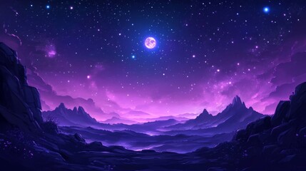 Purple And Pink Alien Landscape Under Starry Night Sky