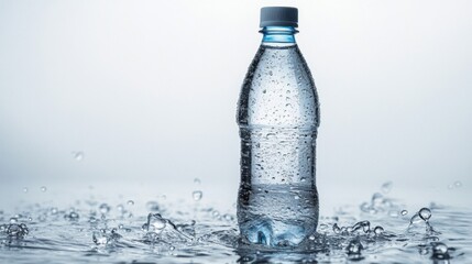 Clear Plastic Water Bottle with Droplets on White Background