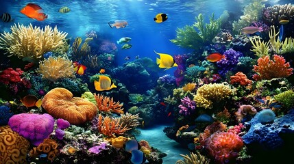 Naklejka premium Vibrant Coral Reef Teeming with Colorful Fish Underwater Scene