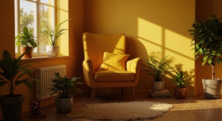 Cozy yellow armchair with plants in a bright sunlit room  