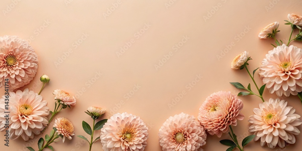 Poster peach-toned floral arrangement on a pale background, featuring a variety of blooms in a symmetrical 