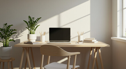 Minimalist Home Office Setup Features Laptop, Plants, and Natural Light Elegantly