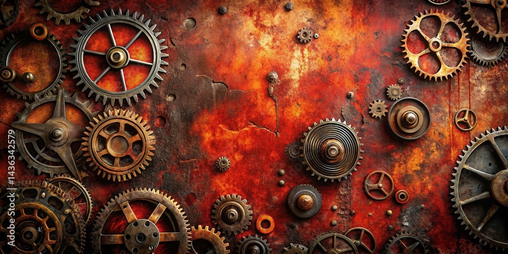 Aufkleber Intricate clockwork gears arranged on a rusty metallic surface, showcasing a captivating blend of aged metal and precise engineering