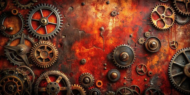 Intricate clockwork gears arranged on a rusty metallic surface, showcasing a captivating blend of aged metal and precise engineering