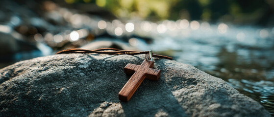 Wooden cross faith hope love religion necklace on rock by river water