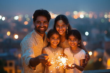 Happy Indian Family Celebrating Diwali with Sparklers on Balcony