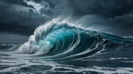 Ocean Wave: Dramatic Teal Crest Under Stormy Skies