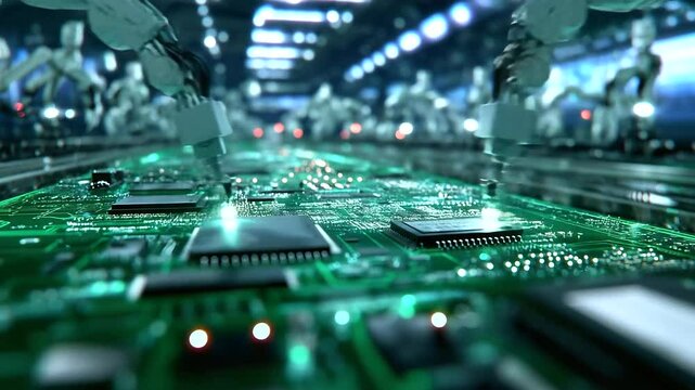 A high-speed PCB (printed circuit board) assembly line with micro soldering robotic arms.