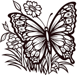Obraz premium Intricate butterfly and floral design in black and white line art