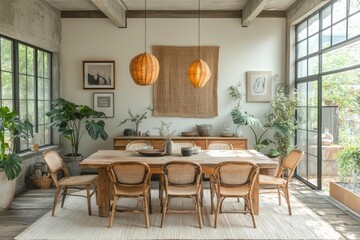 Fototapeta premium Rustic, modern dining room showcasing warm tones and natural elements.