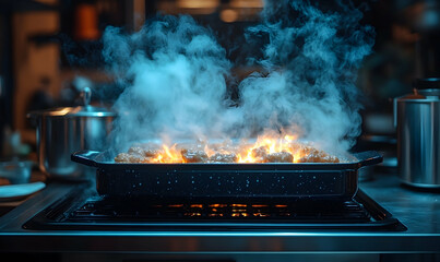 Cooking delicious food with flames and smoke rising from a pan in a modern kitchen setting