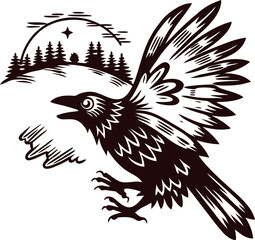 Obraz premium Stylized black raven in flight with forest and moon background