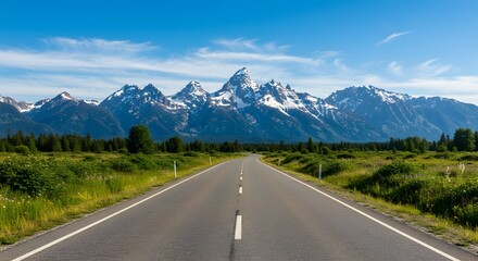 Fototapeta premium A picturesque road winds towards the stunning, snow-covered mountain range in the summer.