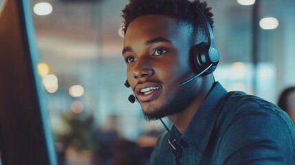 Young Black male customer service agent using a headset while assisting clients in a modern office.