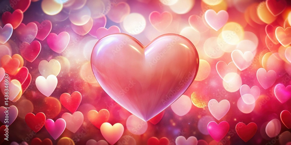 Poster a large, glossy heart floats amidst a bokeh of smaller hearts, creating a romantic and celebratory m