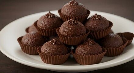 A close-up shot of delicious chocolate truffles displayed on a white plate, ready to eat.