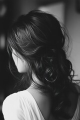 Back view of a woman with elegant curly hair in grayscale photography.