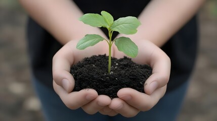 Hands Holding Soil with Young Plant Symbolizing Earth Conservation