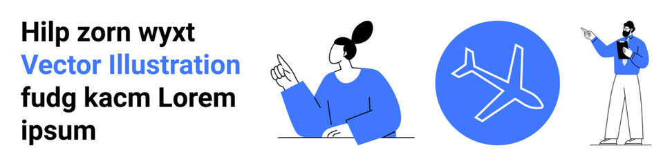 Woman pointing upwards, man holding tablet gesturing towards plane icon. Ideal for travel, planning, navigation, communication, technology, guidance exploring. Perfect for simple landing page