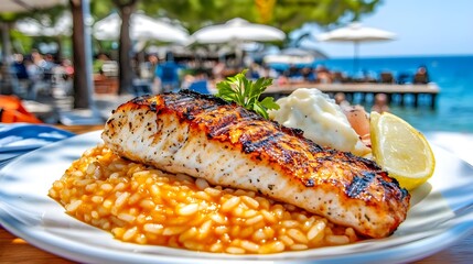 Savory Grilled Fish with Risotto on Beachside Table in Sunlight