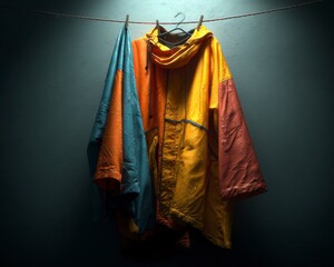 Colorful Raincoat Hanging Against Blue Wall in Artistic Setting