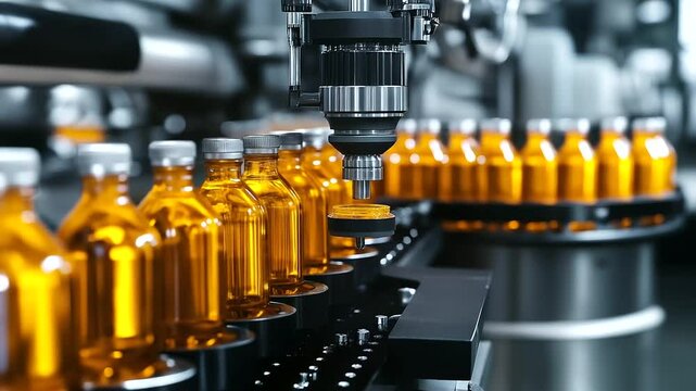 A modern beverage bottling machine with robotic arms precisely capping and labeling glass bottles, perfectly isolated on a white background.