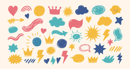 Line kid pencil color brush hand drawn chalk vector element set. Bright and colorful hand-drawn doodles of hearts, crowns, clouds, and other playful elements. Perfect for creative design projects, scr