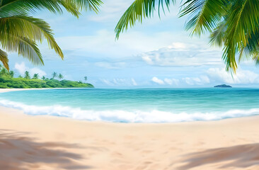 Sandy tropical beach with island on background
