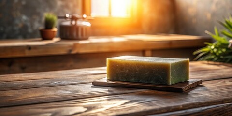 Aromatic Herbal Soap Bar Resting on Rustic Wooden Surface in Sunlit Room