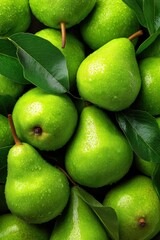 Overhead view of glossy ripe pears forming seamless golden green fruit composition