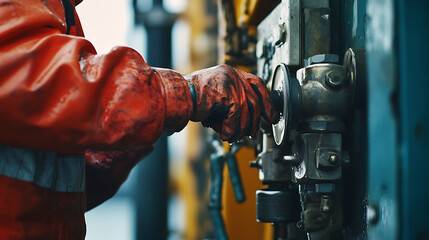 Worker in Orange Coveralls Operating Industrial Machinery