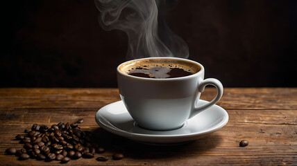 Aromatic Hot Coffee: Cup of Freshly Brewed Coffee with Visible Steam and Coffee Beans Scattered Around
