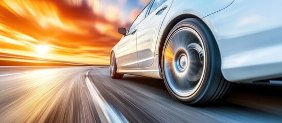 Dynamic automotive motion blur captured at sunset on winding road