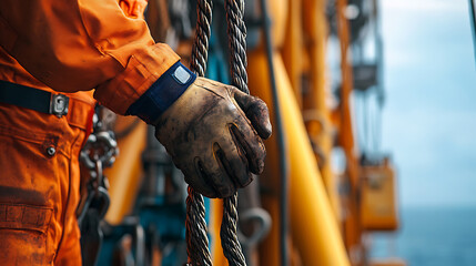 Worker in Orange Coveralls Holding a Rope on an Offshore Platform