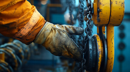 Worker Operating Industrial Chain Hoist
